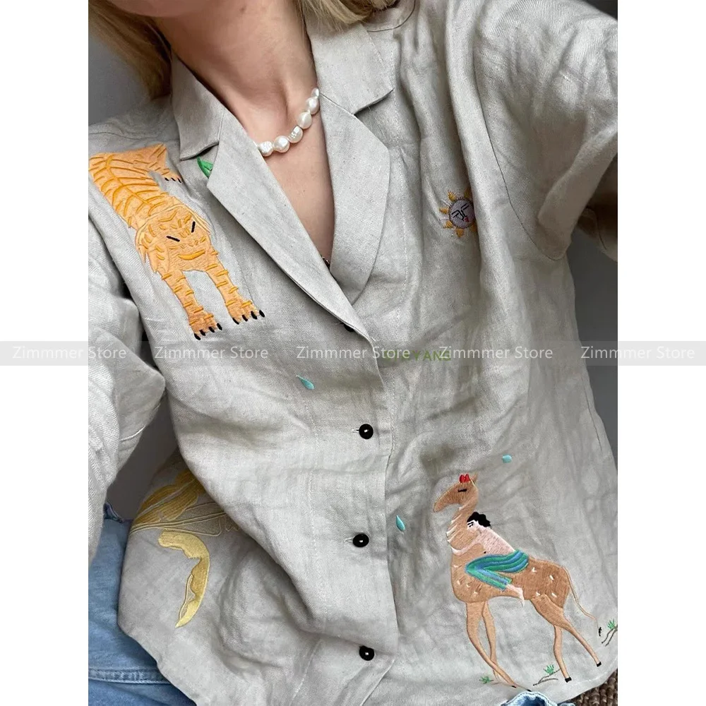 

Vintage Animal Embroidery Lapel Long Sleeve Linen Shirt Casual Pocket Single Breasted Loose Top