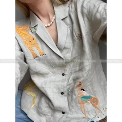 Vintage Animal Embroidery Lapel Long Sleeve Linen Shirt Casual Pocket Single Breasted Loose Top