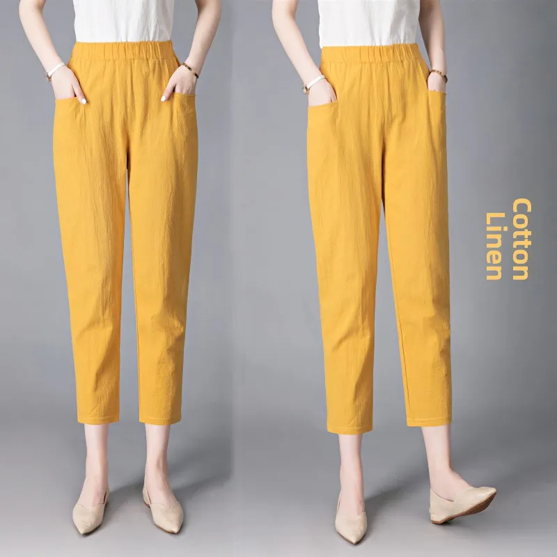 면 린넨 하렘 팬츠 여성 여름 얇은 캐주얼 대형 사이즈 화이트 루즈 슬리밍 나인피스 당근 팬츠 하이웨이스트