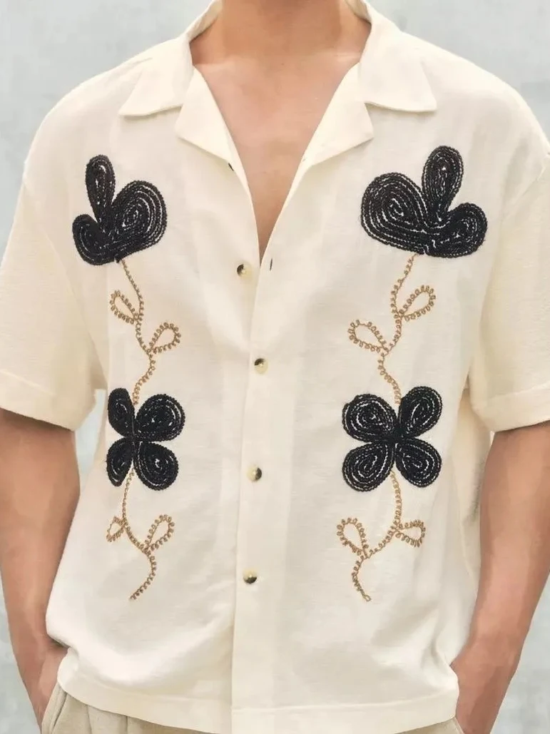 

Ретро-рубашка в американском стиле с вышивкой, мужская, свободного кроя, повседневная, с коротким рукавом, летняя, новая, в гонконгском стиле, модная, с воротником на пуговицах