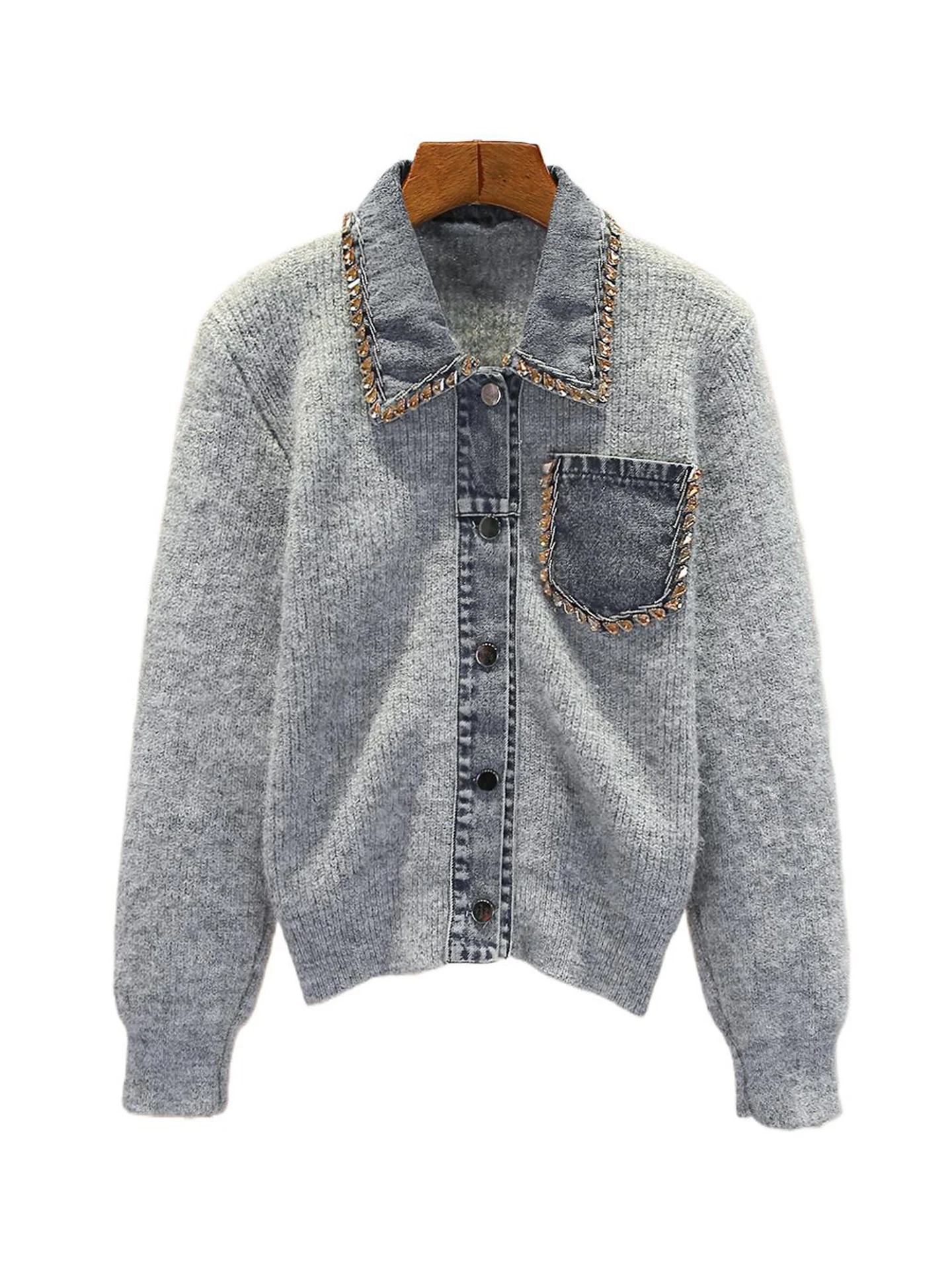 الراقية المرأة الدنيم سترة مشغولة من الصوف معطف مع حجر الراين طوق الخريف الشتاء Faion Ele تخفيف Sle المتوسطة Softn