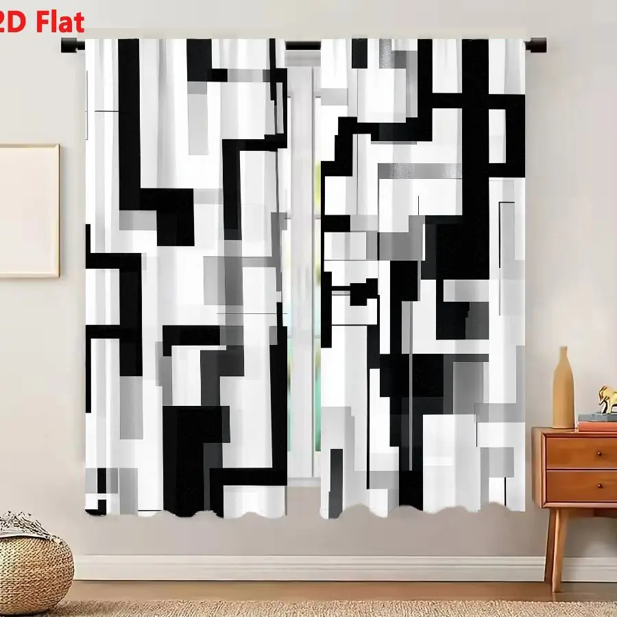 2Pcs Curtains 2D Flat Monochromatic Abstract Geometric Composition With Black White And Gray Blocks Rectangles And L-Shaped Form