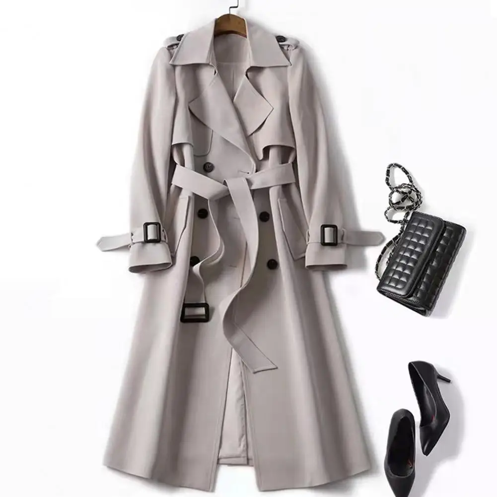 Woman Casual Khaki Plaid Lined Lapel Long Coats Fashion Double Breasted Jacket With Pocket 2024 Autumn Lady Commute Windbreaket