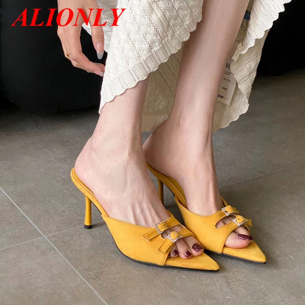 

Alionly 2025 New Design Concise Wedges High Heels Women Slippers Square Toe Party Dress Slides Summer Shoes