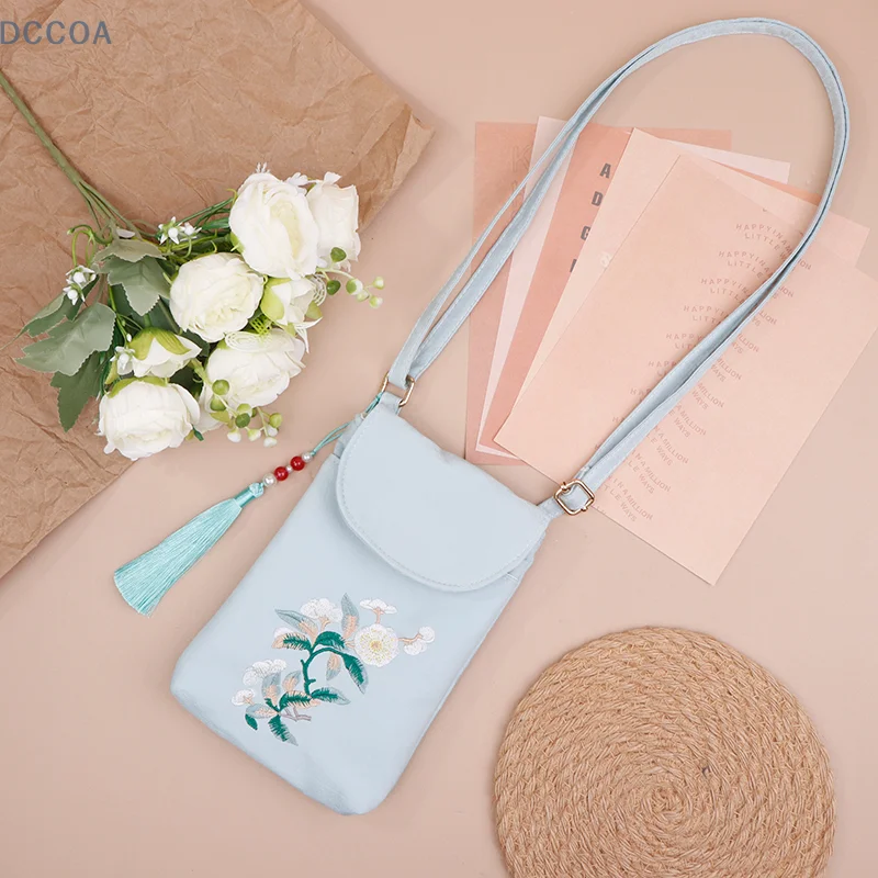 Crossbody Double-layer Mobile Phone Bag Bright Satin Embroidery Fresh And Small Hanfu Ancient Style Flip Small Square Bag