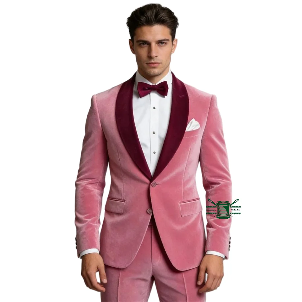 

New Velvet Suit Set for Wedding Groom Groomsman Tuxedo Costume Prom Suit Attire 2 Pieces Pink Man Suits