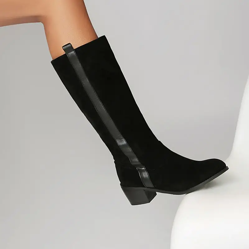 

SIMLOVEYO Брендовые женские сапоги до колена для отдыха, весенне-осенние повседневные замшевые сапоги из флока с круглым носком на массивном каблуке 5 см, без шнуровки, большие размеры 46