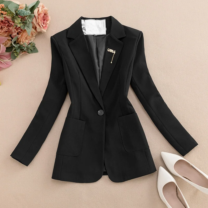 

Spring Autumn ort Women's Suit Jaet Slim Fit Waist Cinched OL Workwear Utili Coat Pure Color Top Button Plaet
