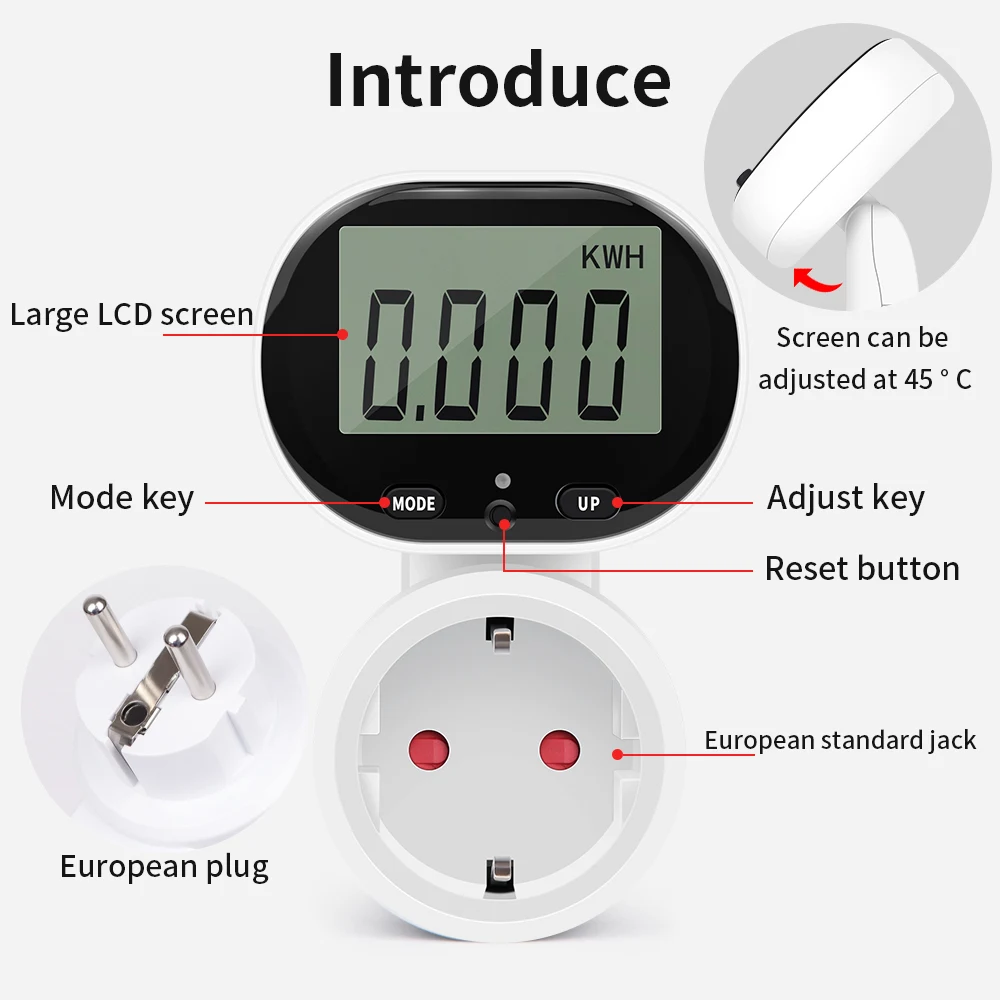 مقياس الطاقة الرقمي Wattmeter مقياس الطاقة الاتحاد الأوروبي التوصيل 45 ° الدورية واط عرض عداد كهربائي الفولتميتر تكلفة الطاقة متر المقبس