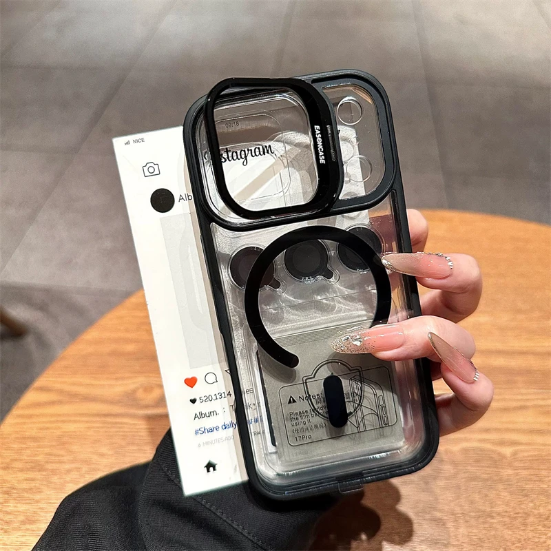 2 in 1 Camera Lens Stand & Flim Magnetic Case for IPhone Air 17 16 15 13 Pro Max 14 Plus 17Pro I17 I Phone Magsafe Clear Cover