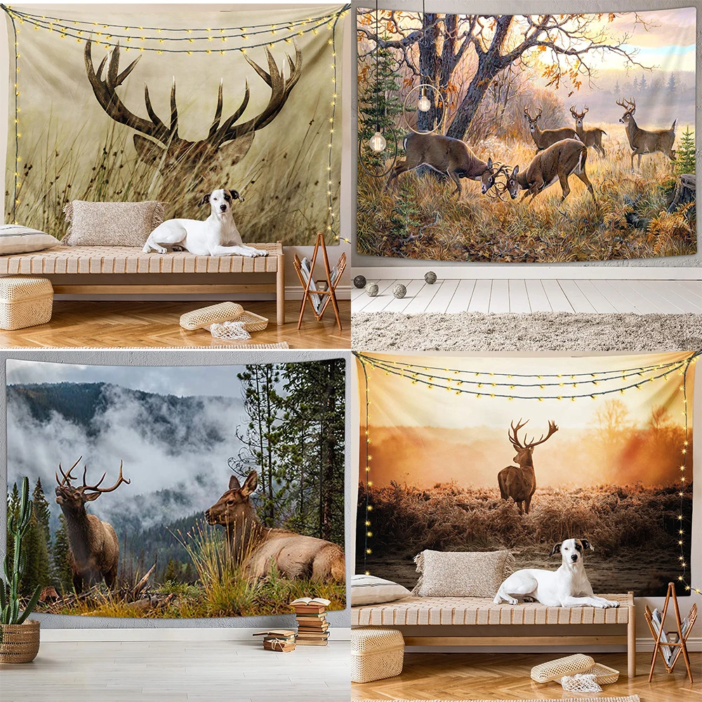 

Animal Deer Tapestry Wall Hanging Wild Elk Herd In Forest Home Decor Art Room Living Dorm