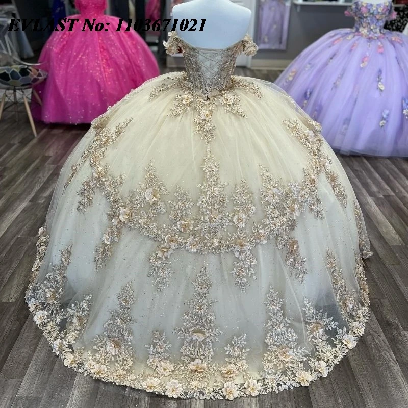 EVLAST-vestido De quinceañera con purpurina, Apliques De encaje, cristales De cuentas, dulce, 16 Vestidos De XV, 15 años, SQ107