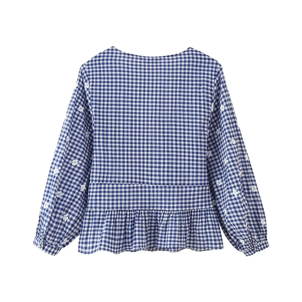 Verão novo feminino doce e versátil com decote em v mangas bufantes flor bordado pequena grade curto topo