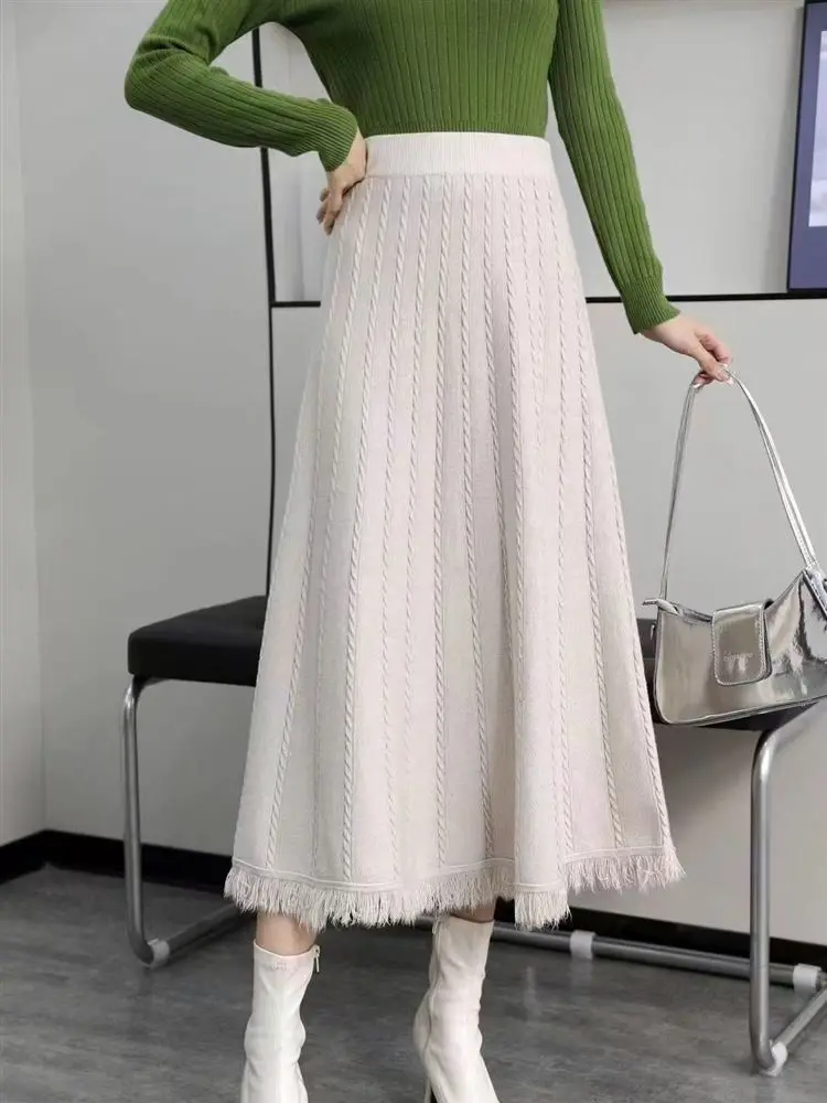 

Длинная вязаная юбка А-силуэта с бахромой, с завышенной талией, осенне-зимняя, модная, для женщин, для офиса