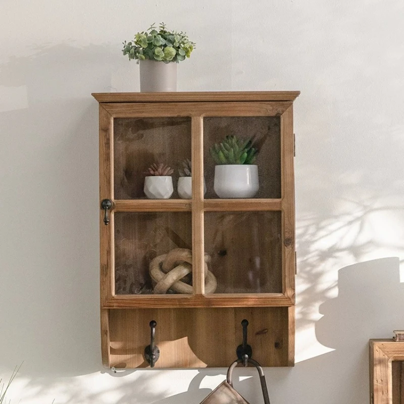 

American Vintage Floating Cabinet Solid Wood Living Room Storage Rack Dust-proof Bookcase Kitchen Hanging Organizer Holders