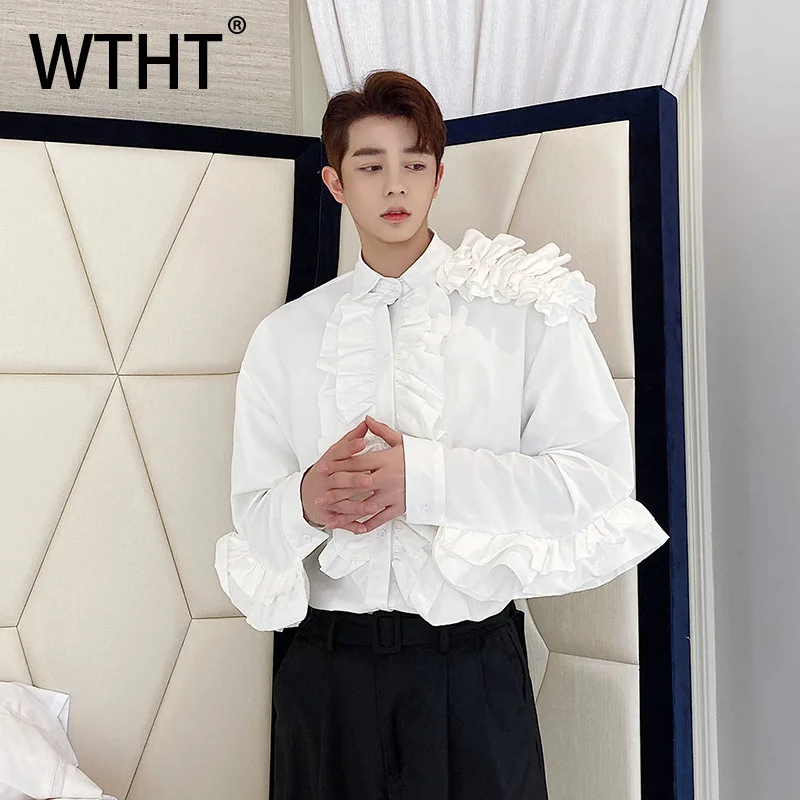 

WTHT Fashion Men's Solid Color Spliced Ruffles Design Shirts Trendy 2026 Summer Single Breasted Long Sleeves Tops Male 2A2902