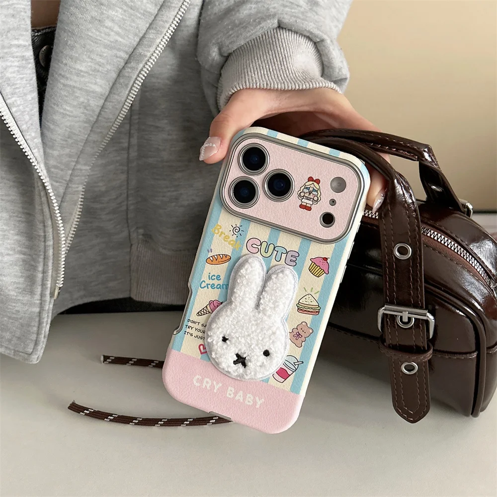 

Stylish leather striped plush rabbit phone case for iPhone 15 14 Pro Max 16 Max 17 Pro cute cartoon shockproof protective Cover