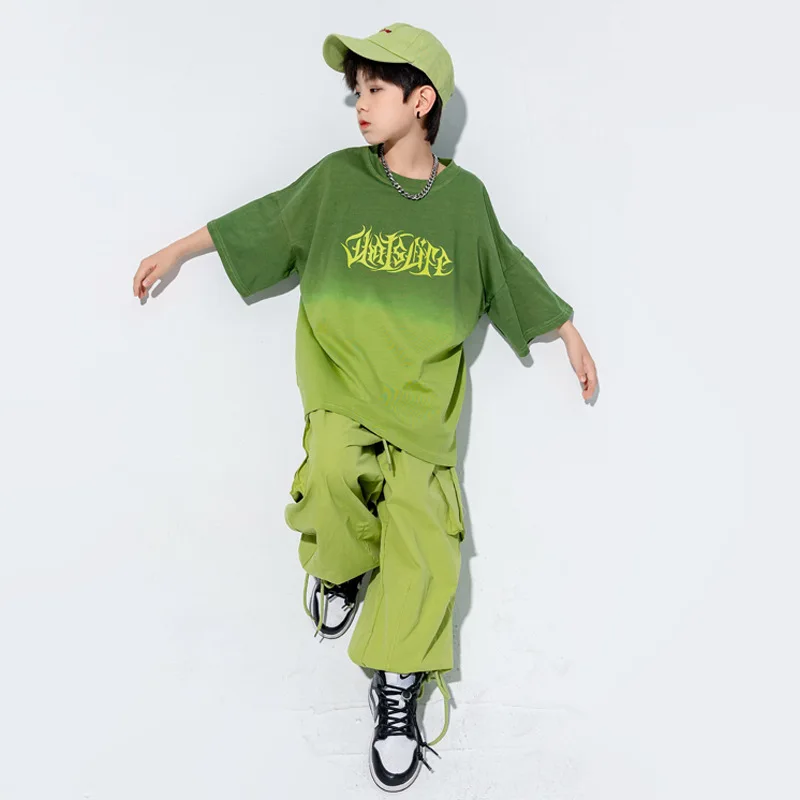 Ropa de Hip Hop Kpop para chico, camiseta de gran tamaño con gradiente, Top verde, pantalones Cargo informales para correr para niña y niño, traje de baile de Jazz