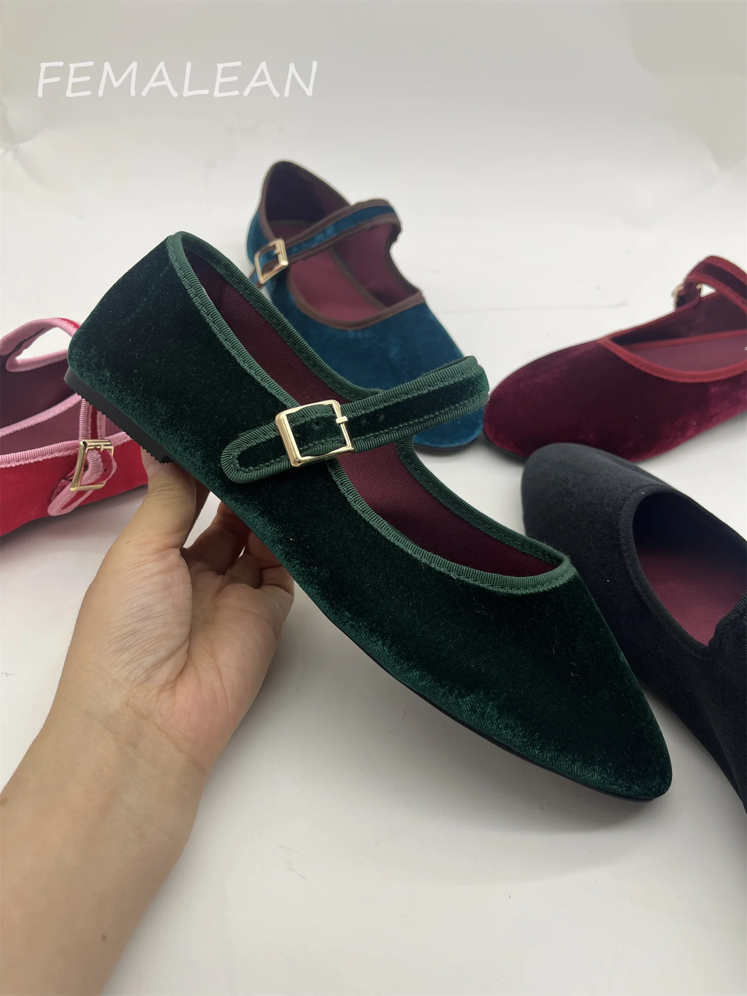 Vintage Velvet Burgundy Red Black Purple Round Toe Granny Belt Buckle Ballet Flats Casual Luxury Mary Jane Sandals Woman Shoes