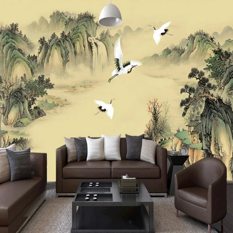 Chinese Style Landscape Mural Wallpaper Custom Hand-Painted Mountain Art Wall Decor Background for Living Room Corridor Study