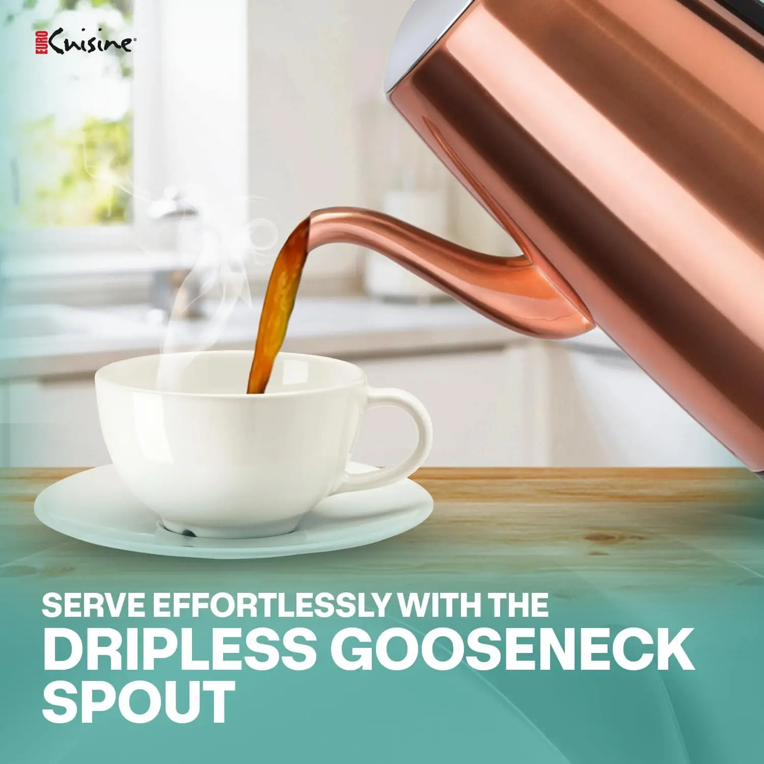 دورق قهوة كهربائي من الفولاذ المقاوم للصدأ PER12، 12 كوب، لمسة نهائية من النحاس المصقول، فوهة معقوفة بدون قطرات، مقبض زجاجي شفاف، Br