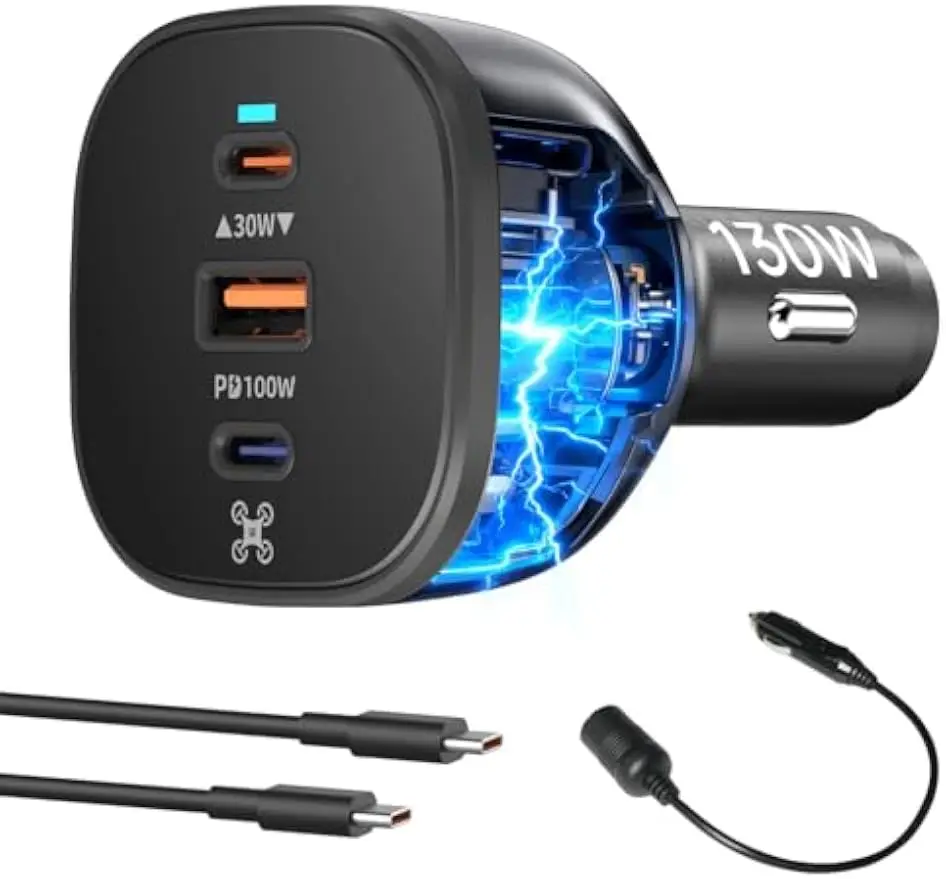 LKTOP 130W Drone Car Charger for DJI/Potensic/Holy Stone/Skyrover, 3-Port USB-C/USB-A Power Adapter for DJI Mini/Air/Mavic 4 Pro