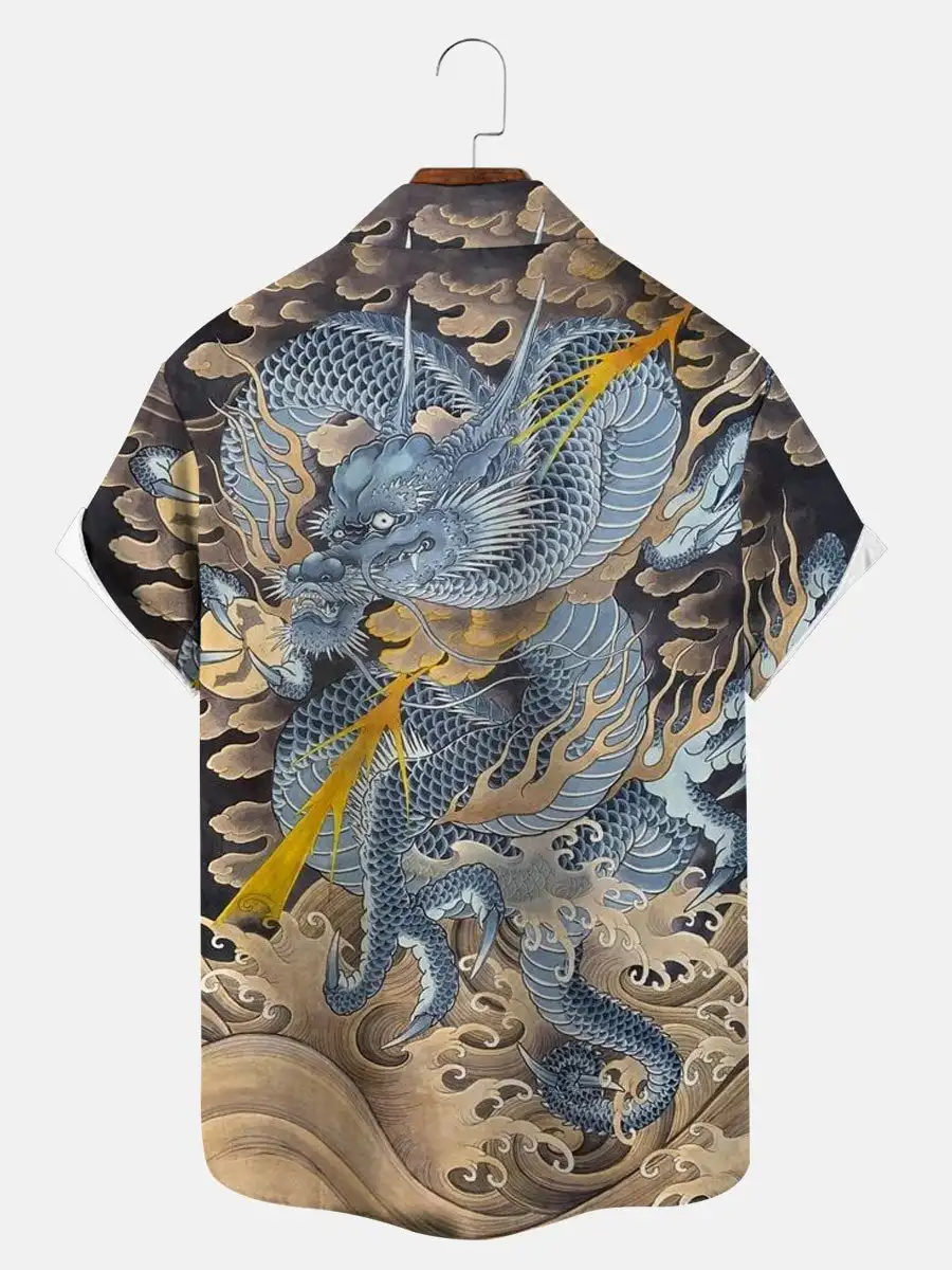 Molilulu Men's Fashion Vintage Clothing Asian Dragon Art Casual Hawaiian Shirt