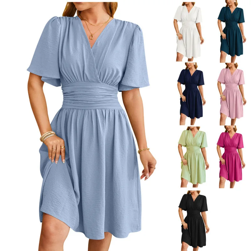 

New European and American Women's Clothing2025Spring and Summer New PopularVCollar Fitted Waist Flare-Sleeve Fashion Dress