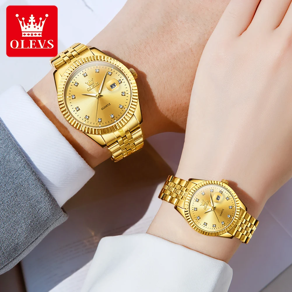 OLEVS Fashion Gold Couple Watch For Men Women Top Brand Luxury Waterproof Calendar Quartz Watches Luminous Lovers Wristwatches