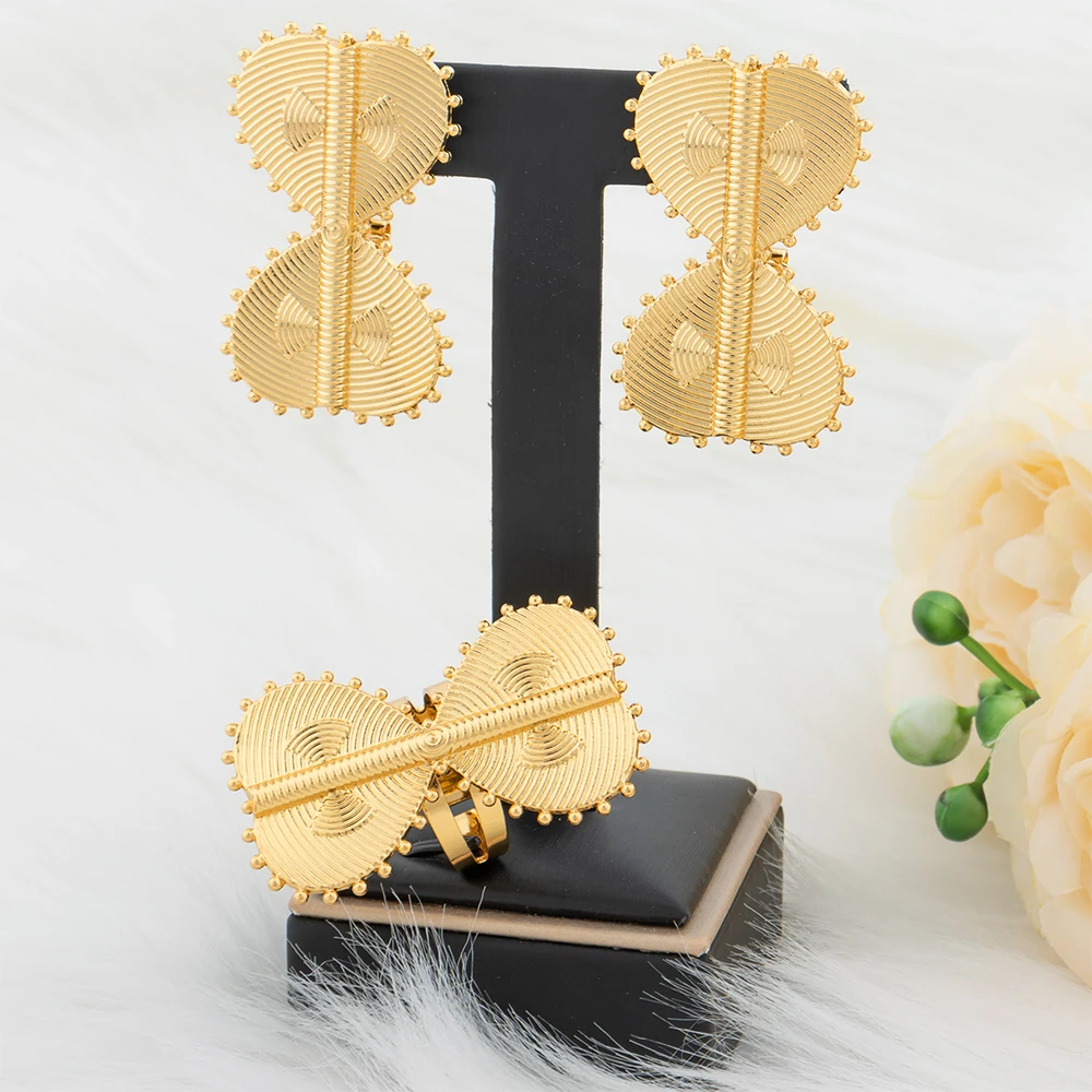 2PCS Jewelry Set for Women Wedding Bride Gifts 18k Gold Plated Earrings and Ring Jewelry Accessories African Map Clip Earrings