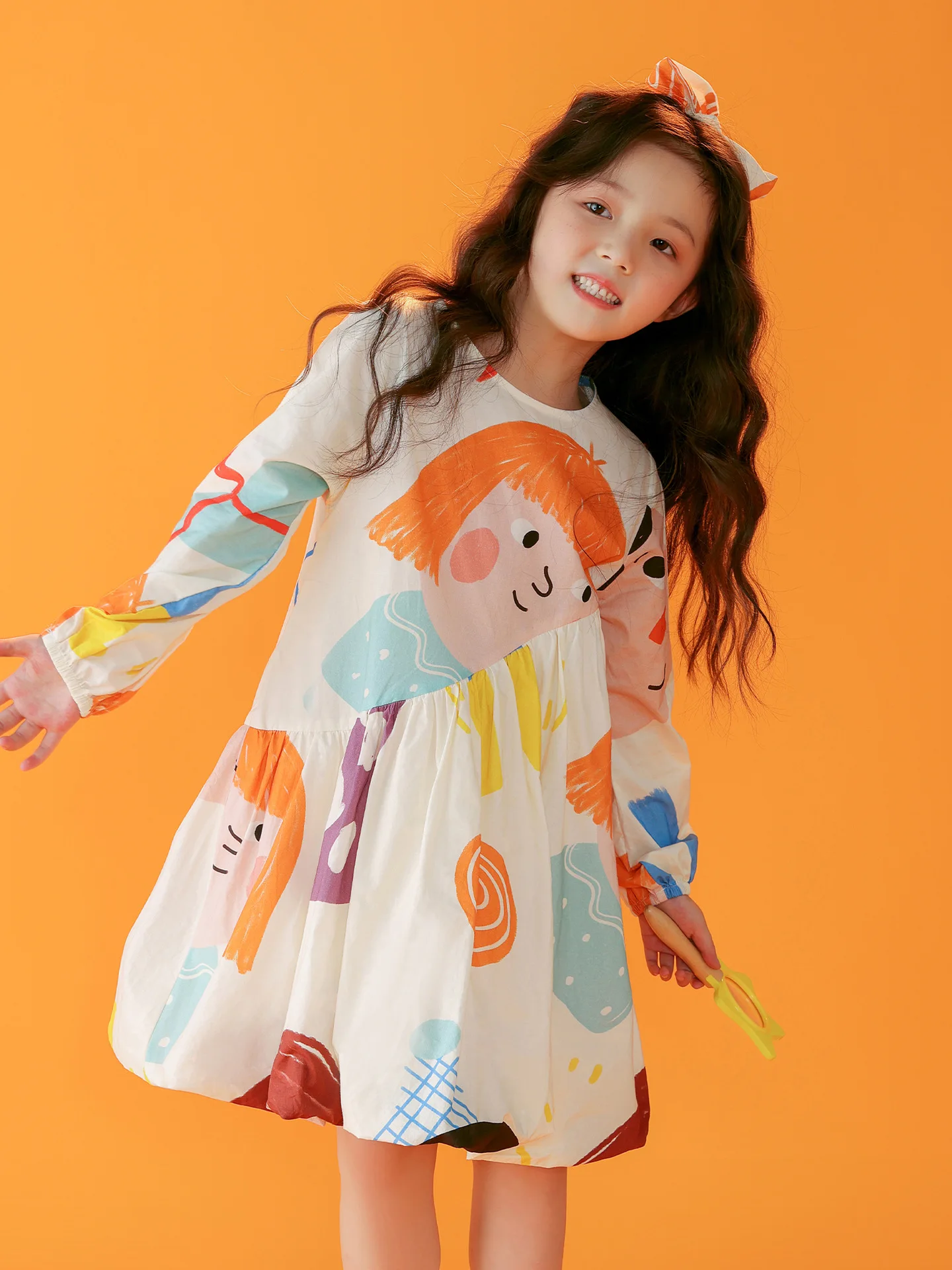 2024 Spring New in Kids Baby Girls Cute Clothes Children Full Sleeve Cartoon Graffiti Print Knee-length Dress Toddler 2-7Y