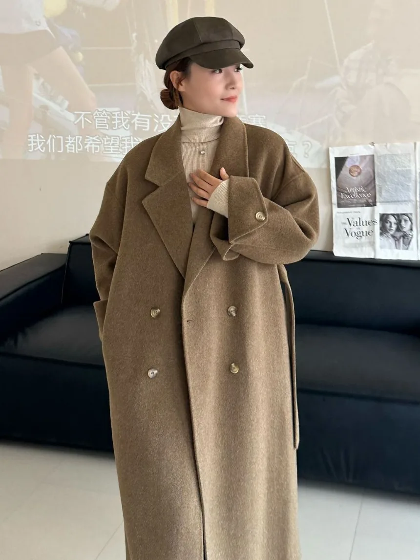 High-end double-sided wool coat extended and thick warm lace-up wide commuter double-sided wool coat