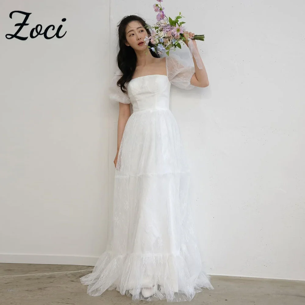 

Zoci Elegant Square Neck Korea Wedding Dresses Photo Shoot Short Sleeves Lace Tulle Dress Customized Corset Bride Reception Gown