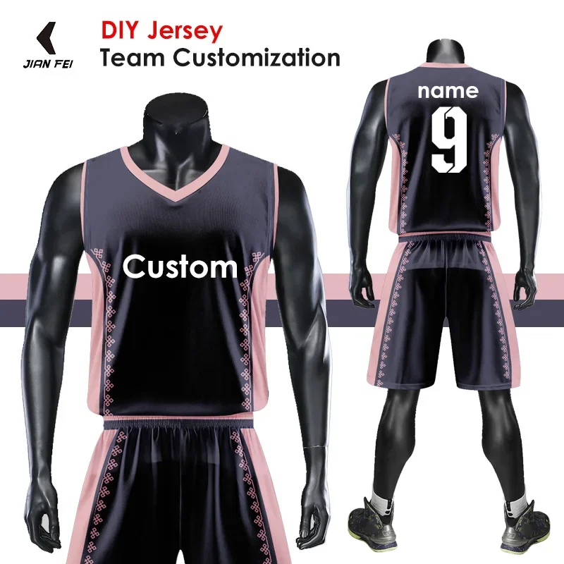 

Sublimation Customisable Basketball Jersey Uniform Design Color Pink White Black Red Basketball Uniforms Sets For Mens VL903