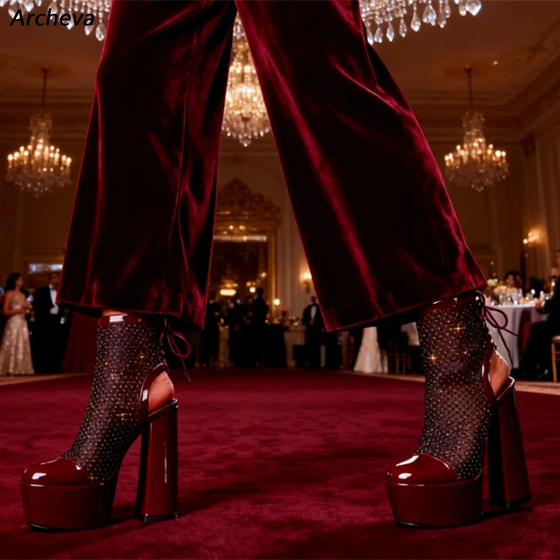 

Women's Handmade Burgundy Ankle Boots - Platform Heel - Mesh Upper - Side Cut Out - Chunky Heel Ladies US Plus Size 5-20