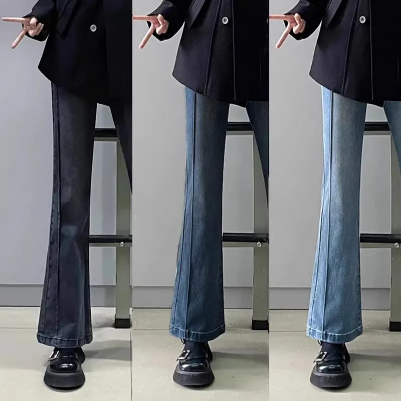 

Роскошные женские джинсы больших размеров, весна-осень, грушевидная форма, удобные брюки с высокой талией, обтягивающие бедра, эластичные расклешенные брюки