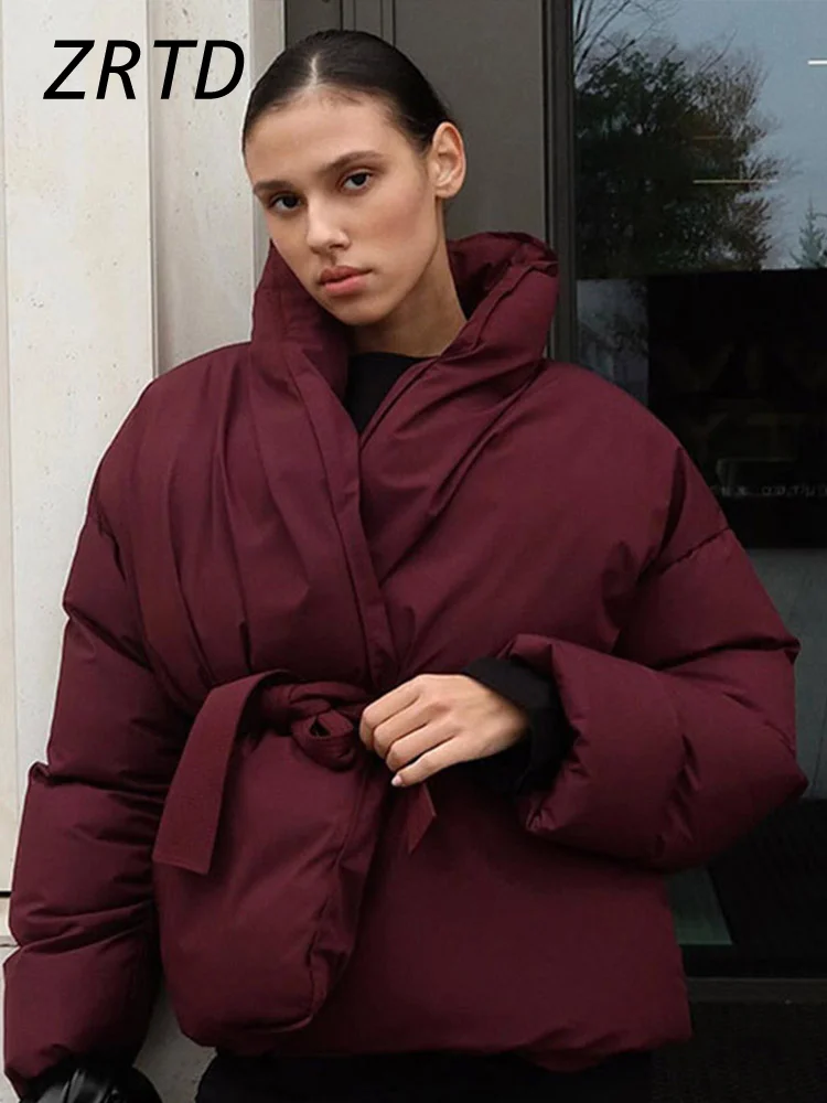 Street Women's Burgundy Quilted Coat With Belt Slim Stand Collar Pocket Long Sleeve Warm Jacket 2024 Winter Lady Vintage Outwear