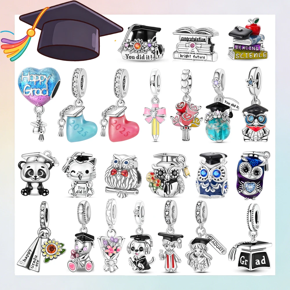 New 925 Sterling Silver Wisdom Owl Graduation Charms Congratulation Books Beads For Women DIY Fine Jewelry Graduation Souvenir
