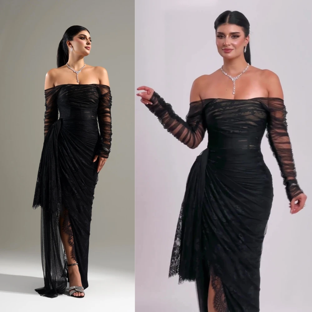 Customized Simple Off-the-shoulder Mermaid Floor Length Evening Dresses Tulle Lace Formal Occasion Gown ladies dresses for speci