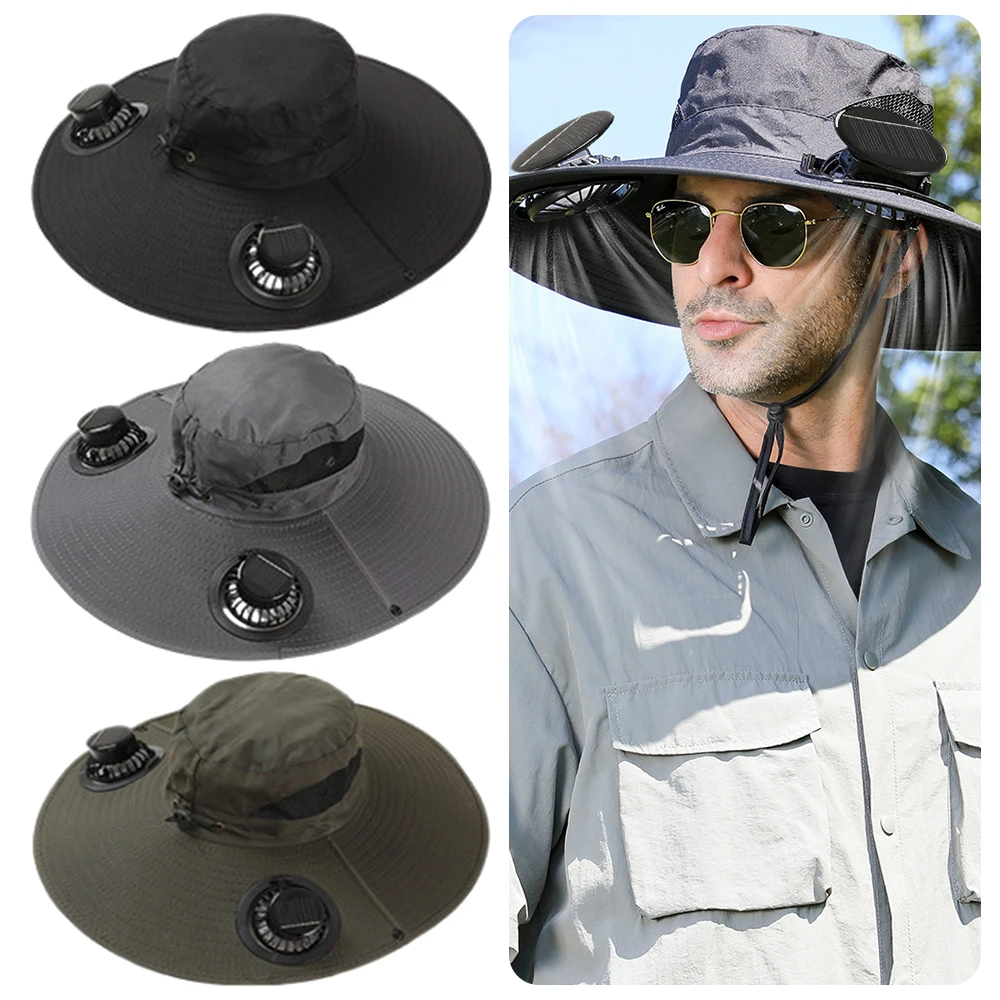 

Solar Charging Solar Fan Hat Wide Brim Dual Fan Air Cooling Hat Adjustable Headband Breathable Fishing Hat Summer Outdoor