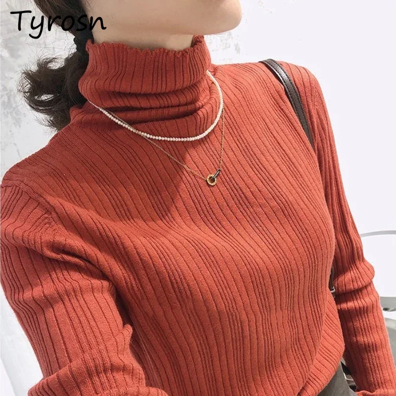 Pullovers Women Turtle-neck Solid Slim Basic All-match Autumn Knitwear Sweaters Casual Elegant OL Korean Fashion Stretch Ulzzang