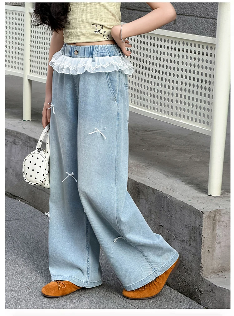 Neue Süße Schleifenjeans mit Spitze für Teenager-Mädchen, Beliebte Hochgeschnittene Gerade Denim-Hosen, Kinder Casual Sommer-Jeans-Hosen – Detail 6