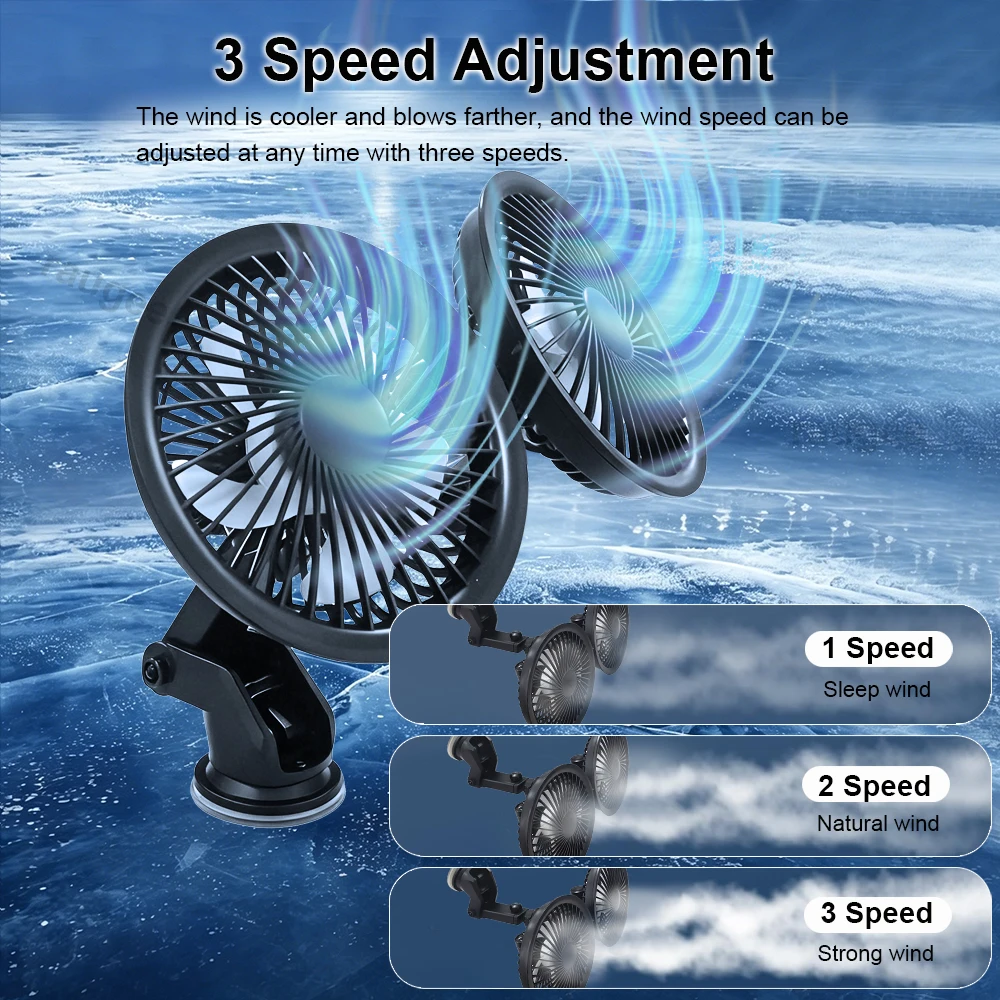 USB Car Fan Portable Dual Head Car Fan with Suction Cup 360° Rotatable USB Powered Car Cooling Fan for Car Windshield Dashboard