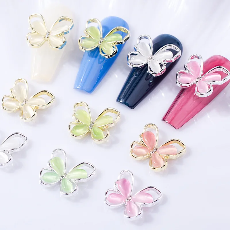 10 قطعة/الوحدة الفاخرة سحر فراشة لنصائح الديكور سبائك الذهب والفضة حجر الراين المعادن مجوهرات أظافر أجزاء لشخصيات مانيكير