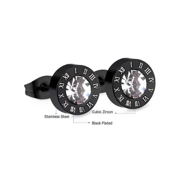 2Pcs 316 Stainless Steel Round Shine AAA CZ Diameter Roman Numeral Stud Earrings For Women, High Quality Piercing Jewelry Gift
