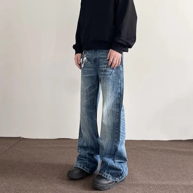 Men Vintage Water Stripe Washed Flare Jeans Loose Wide Leg Denim Pants Retro Distressed Casual Streetwear Baggy Long Trousers