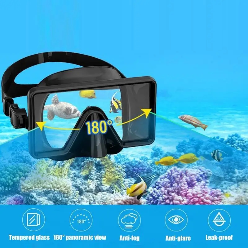 Black Snorkel Goggles Adult Tempered Glass Clear Vision Silicone Scuba Goggles Waterproof Diving Goggles Comfortable Large Frame