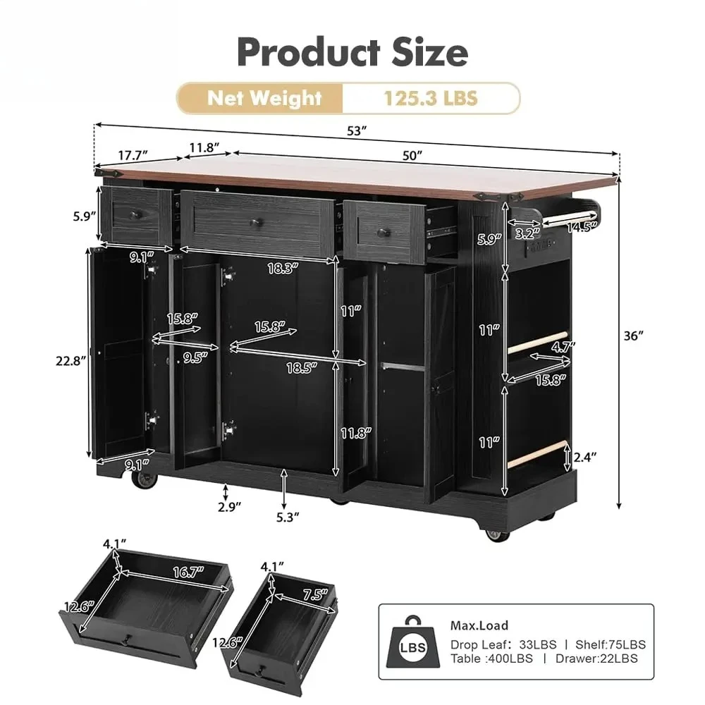 53'' Kitchen Island Cart with Power Outlet, 3 Drawers, 5 Open Racks, Drop Leaf, Wheels, Dining Room, Black