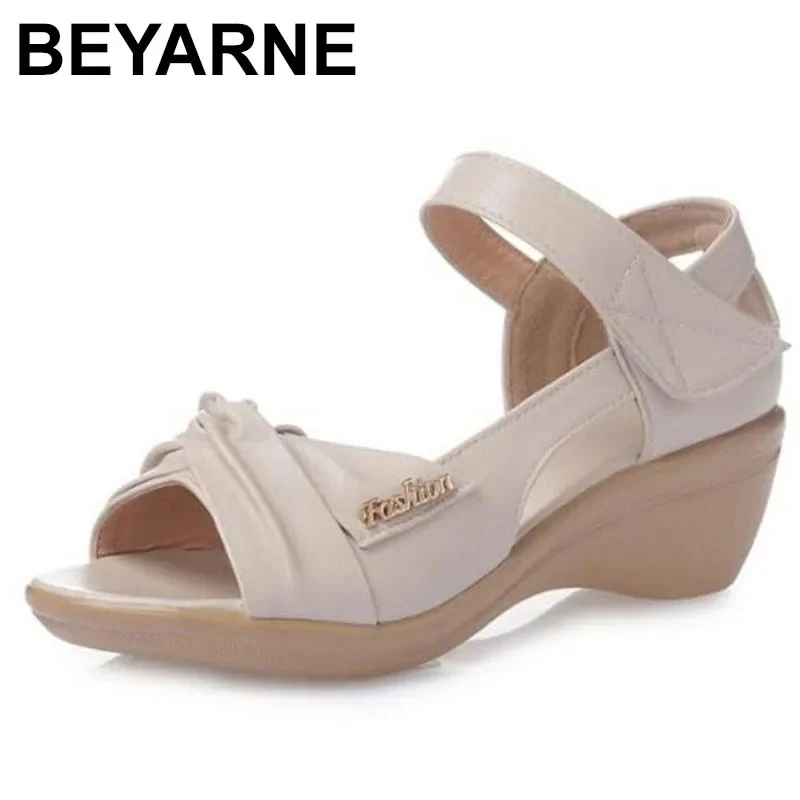 

BEYARNEsummer woman shoes leather soft sole open toe wedge sandals casual women shoes new fashion women sandal