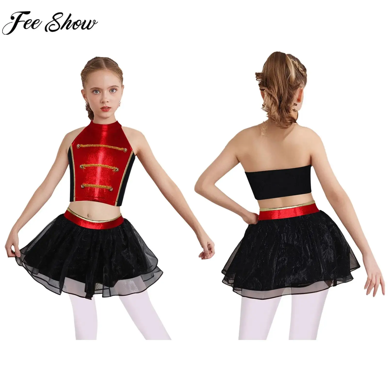 

Children Girls Halloween Carnival Circus Ringmaster Magic Showman Cosplay Costume Jazz Dance Crop Top with Mesh Leotard Skirt